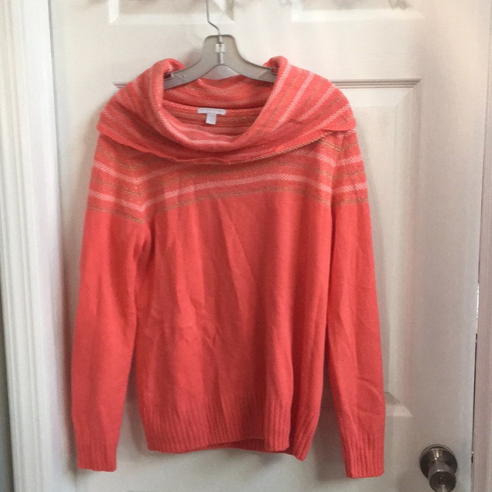 Cowl Neck Size Medium Coral with gold sweater